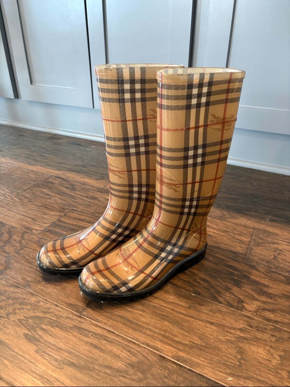 Burberry Tan Plaid Glossy Rain Boots